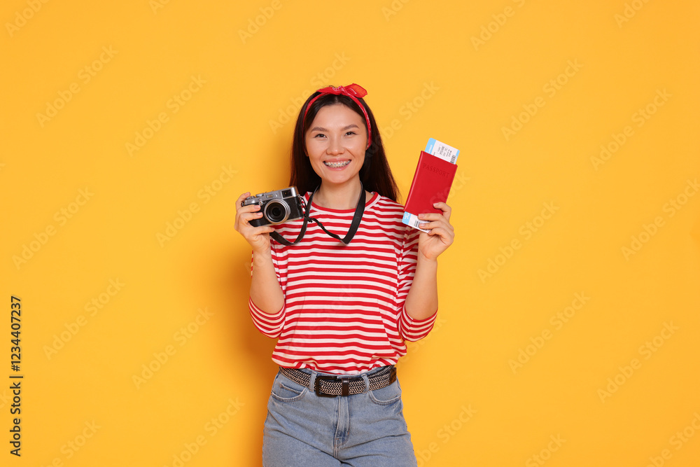 Happy traveller with passport and camera on yellow background Happy traveller with passport and camera on yellow background