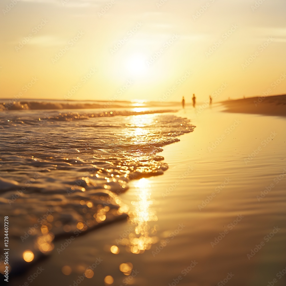 Fototapeta premium Golden Sunset at the Beach Silhouettes of People Walking on