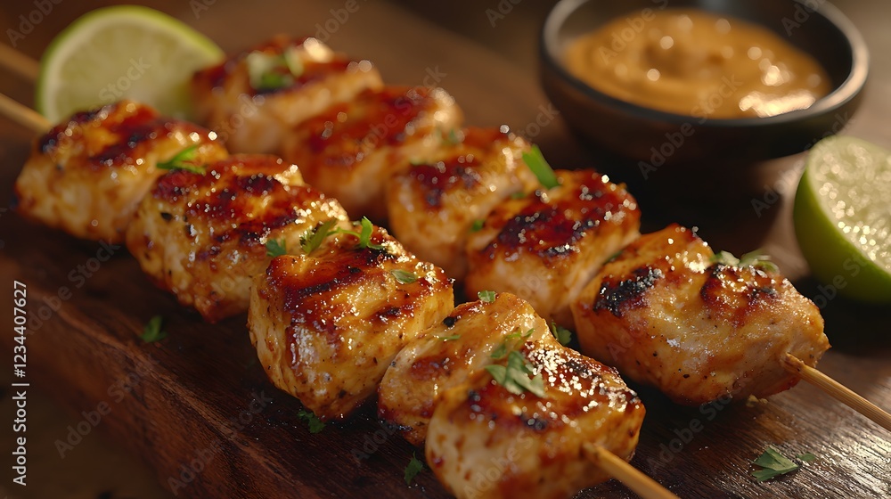 Delicious Street Food Inspired Chicken Satay Skewers on a Rustic Wooden Board