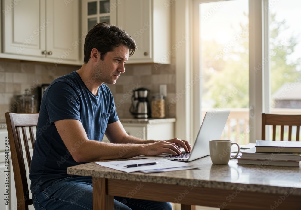 A father working on a laptop at the kitchen table with children playing nearby A father working on a laptop at the kitchen table with children playing nearby