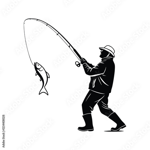Silhouette of a fisherman catching a fish with a fishing rod, isolated vector illustration for outdoor and sport