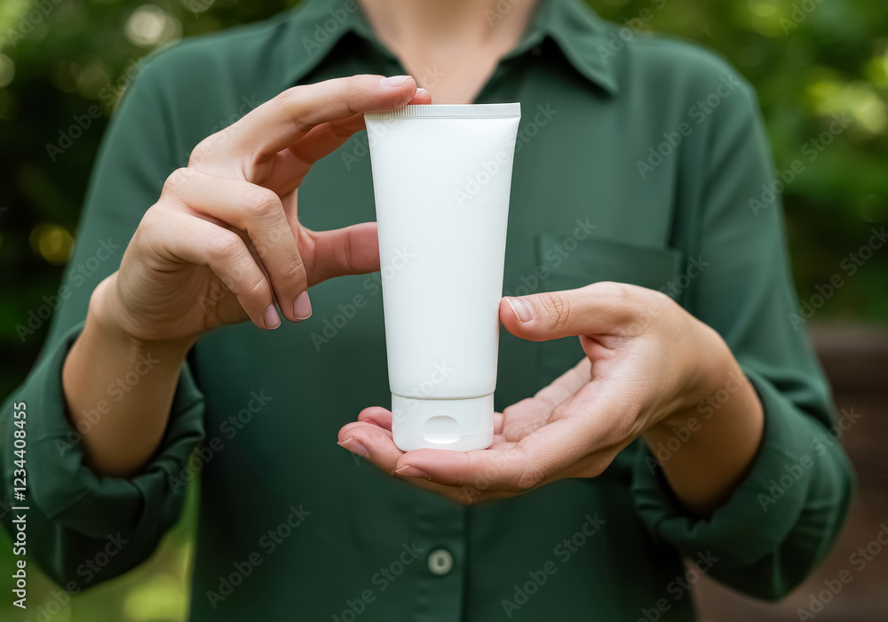 A close-up of a person in a green shirt holding a cosmetic tube with a blank white surface and a wooden cap A close-up of a person in a green shirt holding a cosmetic tube with a blank white surface and a wooden cap
