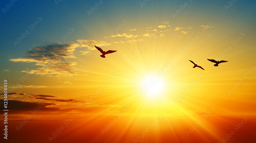 Naklejka premium Bright and vibrant sunset with radiant sun rays over the ocean and birds flying in the distance, symbolizing peace, freedom, and natural beauty.