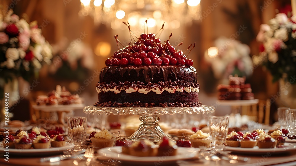 A Sumptuous Feast Featuring a Magnificent Black Forest Cake Centerpiece for an Elegant Gathering Full of Joy A Sumptuous Feast Featuring a Magnificent Black Forest Cake Centerpiece for an Elegant Gathering Full of Joy