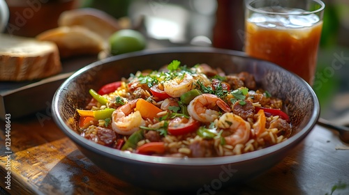 Delectable Jambalaya: A Colorful Southern Feast Featuring Shrimp, Sausage, and Fresh Vegetables photo