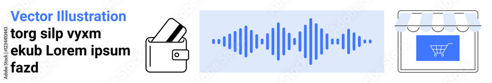 Digital wallet with credit cards, blue audio waveform, storefront with shopping cart icon on signage. Ideal for online payments, audio streaming, e-commerce, financial technology, digital marketing Digital wallet with credit cards, blue audio waveform, storefront with shopping cart icon on signage. Ideal for online payments, audio streaming, e-commerce, financial technology, digital marketing