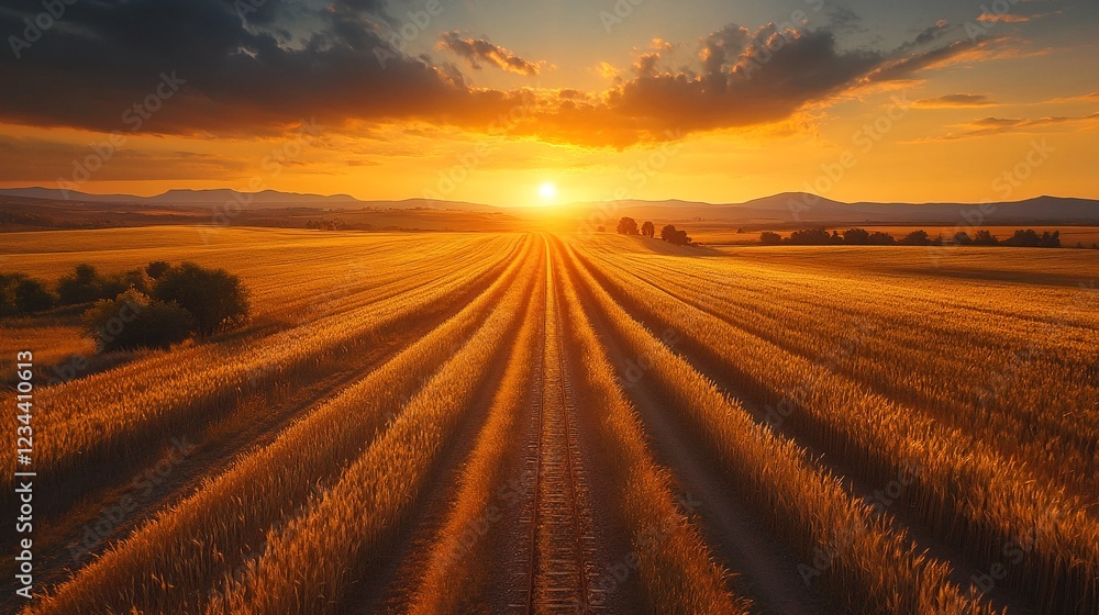 A golden wheat field bathed in warm sunlight at sunset. A golden wheat field bathed in warm sunlight at sunset.