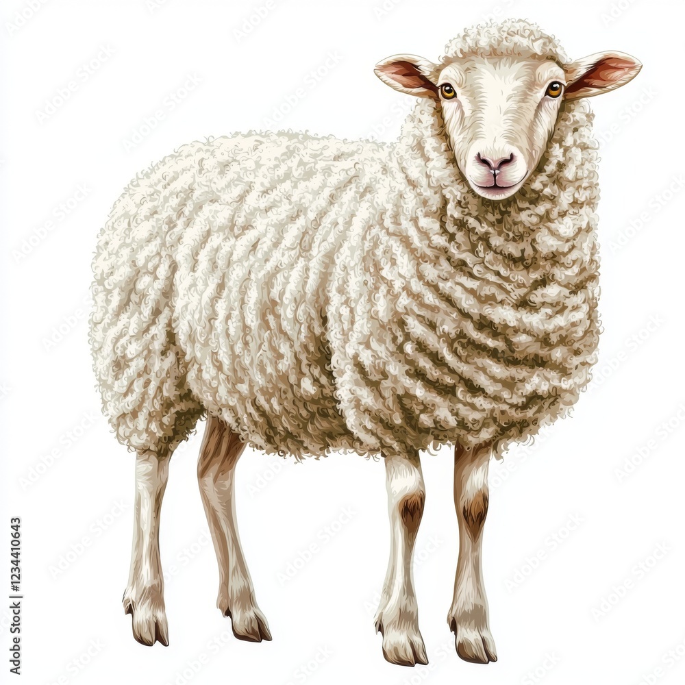 Fototapeta premium Detailed Illustration of a Fluffy White Sheep Standing on a White Background