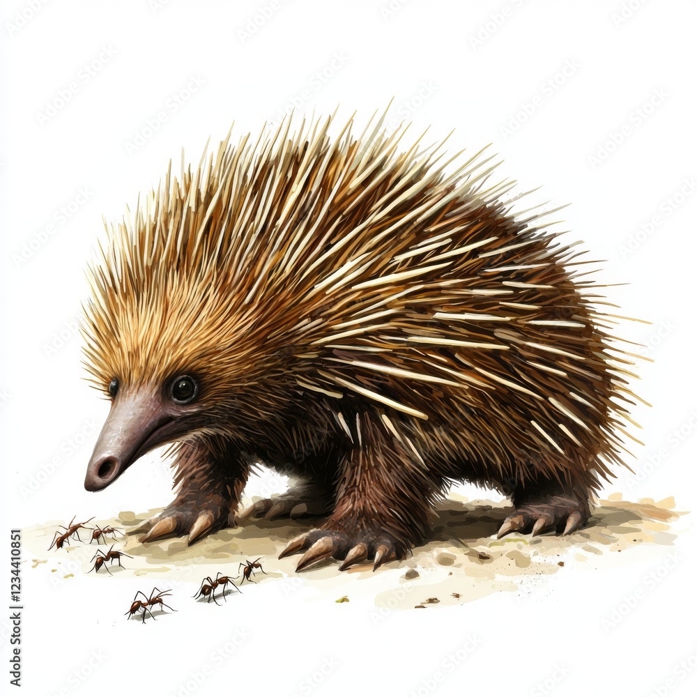 Naklejka premium Cute echidna foraging in the soil surrounded by ants in a natural setting with a bright white background