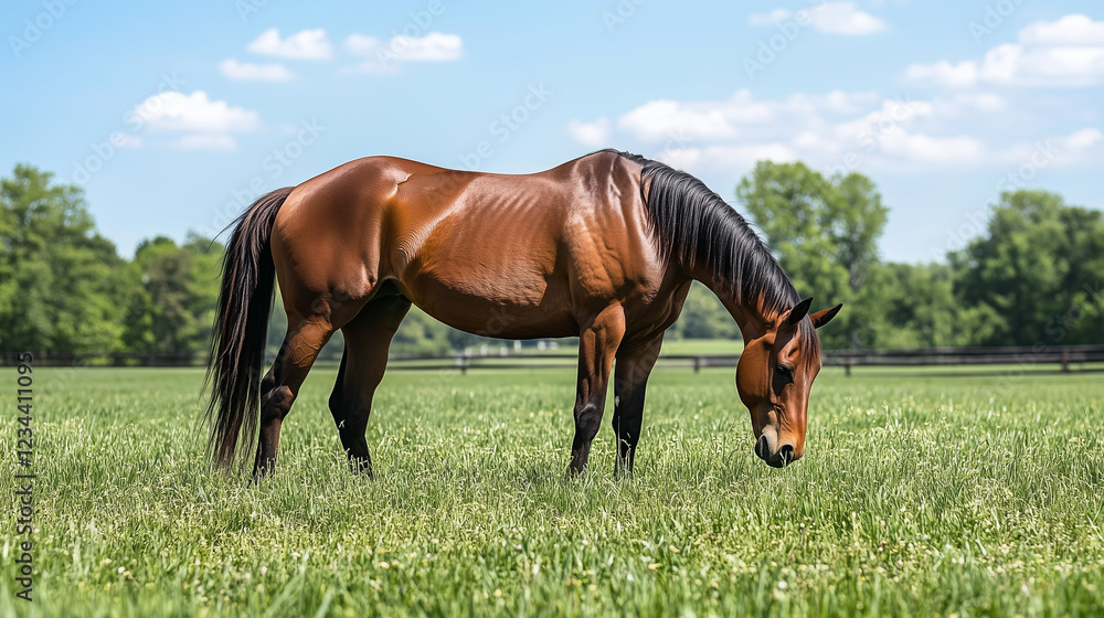 A brown horse grazes in a grassy field A brown horse grazes in a grassy field