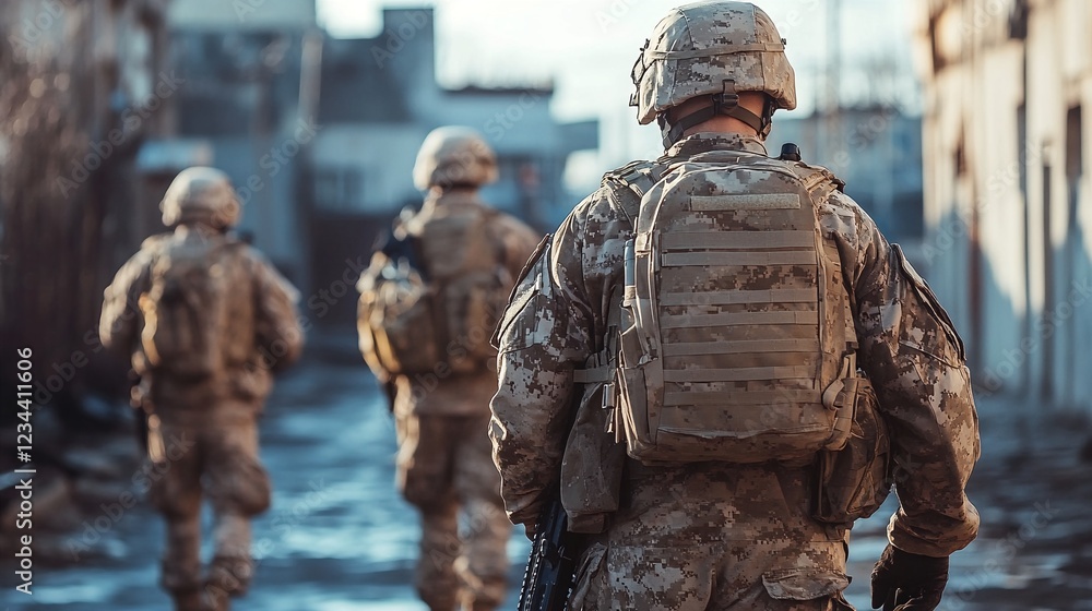 soldiers walking down a street. soldiers walking down a street.