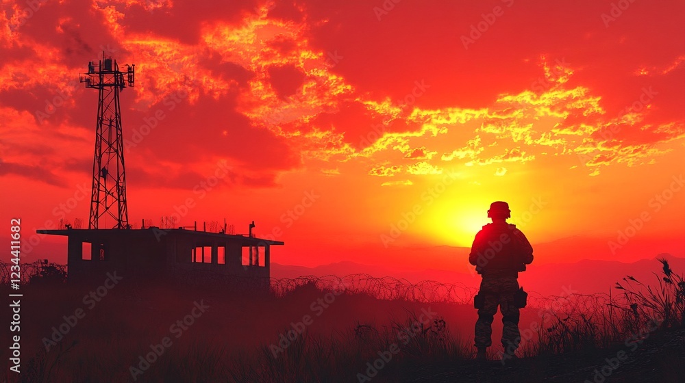 Fototapeta premium A soldier standing in front of a barbed wire fence and watch tower in the middle of nowhere at sunset.
