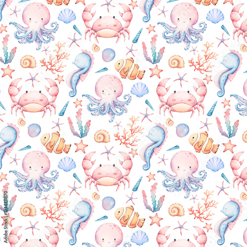 Seamless  pattern with watercolor seashells, seaweed, a crab, octupus, seahorse, starfish and a clownfish. Print for wallpaper, card, fabric, wrapping paper, cards, backgrounds, textures photo