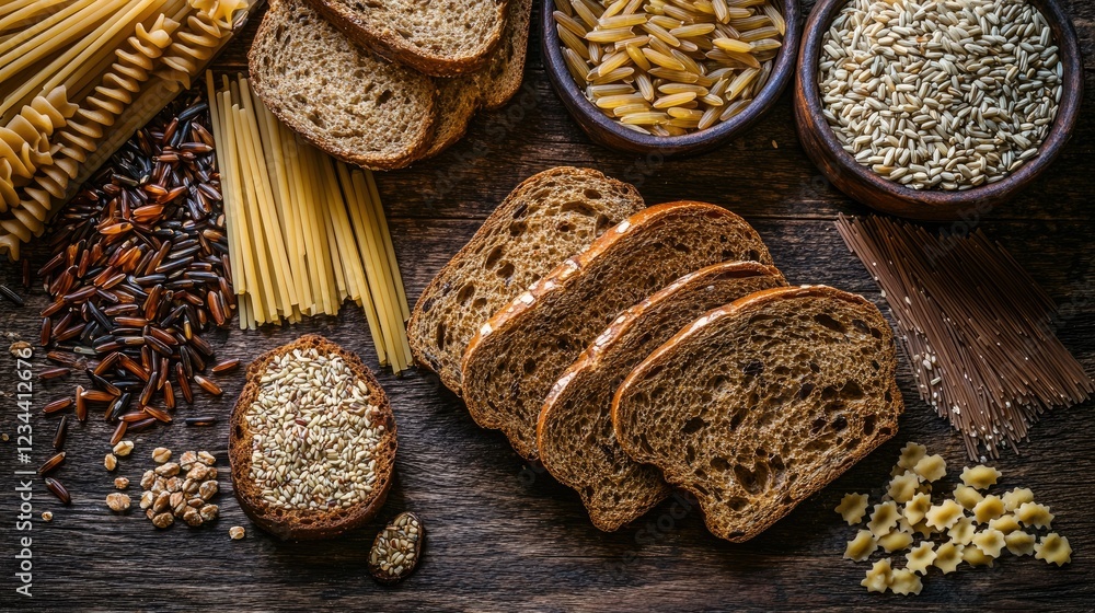 Rustic display of wholegrain bread, wild rice, and pasta on a textured wooden table, top view. Rustic display of wholegrain bread, wild rice, and pasta on a textured wooden table, top view.