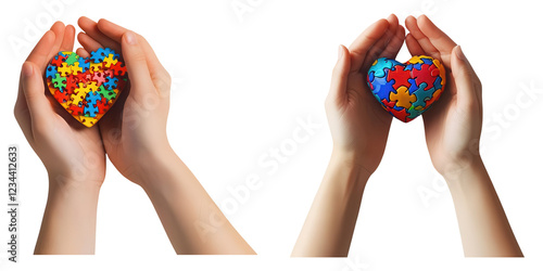 Two hands hold colorful puzzle piece hearts, symbolizing love, inclusion, and support for autism awareness. A powerful visual representation of unity.