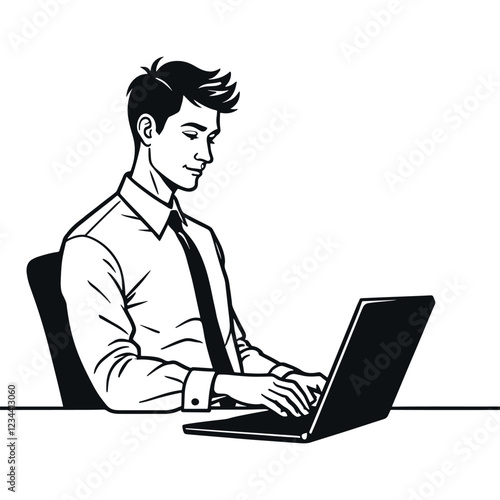 minimalist sketch of a professional man using a laptop at a desk