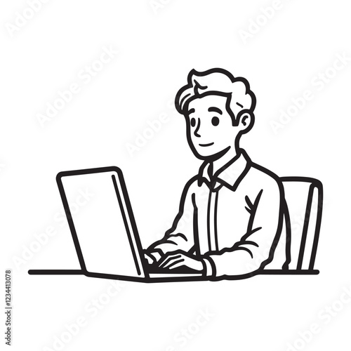 minimalist sketch of a professional man using a laptop at a desk
