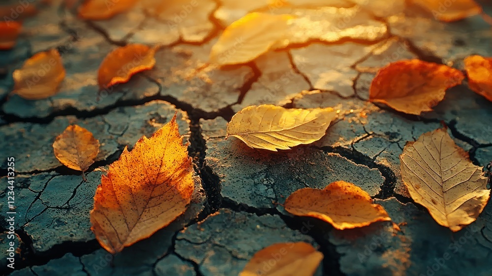 Dry cracked earth with autumn leaves at sunset Dry cracked earth with autumn leaves at sunset