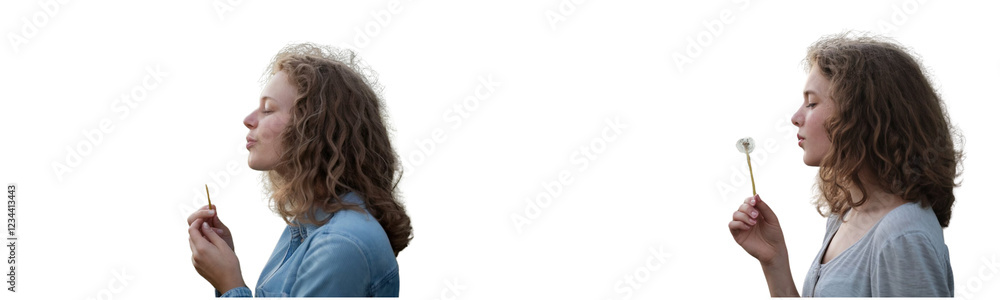 Obraz premium Young Woman Blowing Dandelion Seeds in Serene Meadow with Warm Golden Light, Isolated on Transparent Background PNG