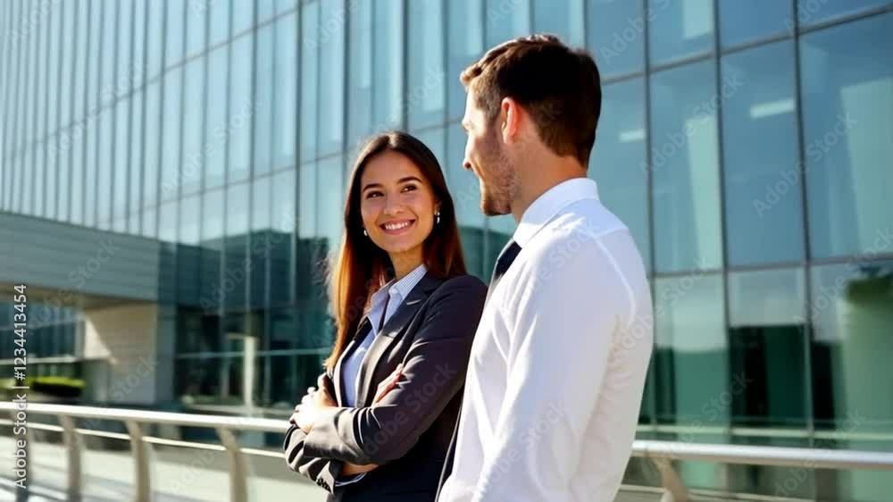 Businessman and businesswoman smiling looking, Two diverse businessomen working together, Business people working together ouside office Businessman and businesswoman smiling looking, Two diverse businessomen working together, Business people working together ouside office