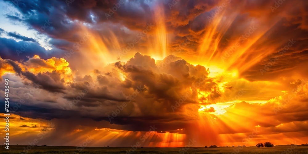 Obraz premium Sun rays piercing through dark storm clouds with vibrant orange and yellow hues illuminating the sky, creating a dramatic scene of natural beauty , outdoors, weather