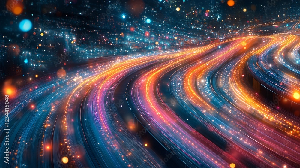 A vibrant cityscape at night, with multiple lanes of traffic flowing through it. A vibrant cityscape at night, with multiple lanes of traffic flowing through it.
