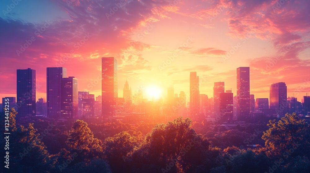 Obraz premium A cityscape at sunset with tall buildings and trees.
