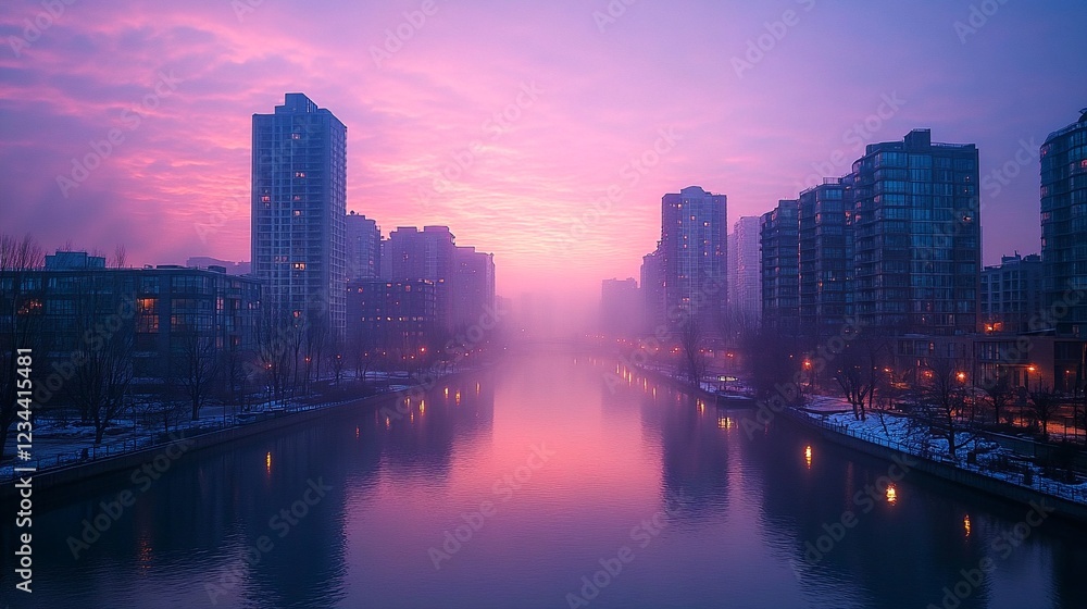 A foggy cityscape at dusk with tall buildings and a river running through it. A foggy cityscape at dusk with tall buildings and a river running through it.