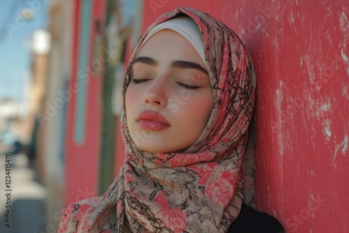 Woman in a floral hijab relaxing against a colorful wall in a vibrant urban setting during daylight hours
