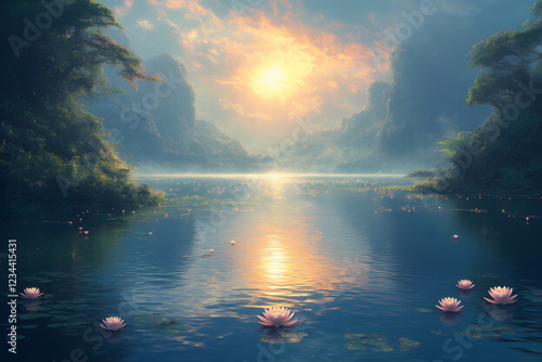 Abstract Painting illustration of Chinese style fantasy scenes, The sparkling Spirit Lake with lotus blossoms in vally, 300dpI photo