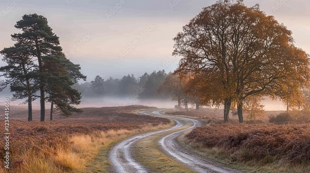 Fototapeta premium A winding path through a forest of trees on an overcast day.