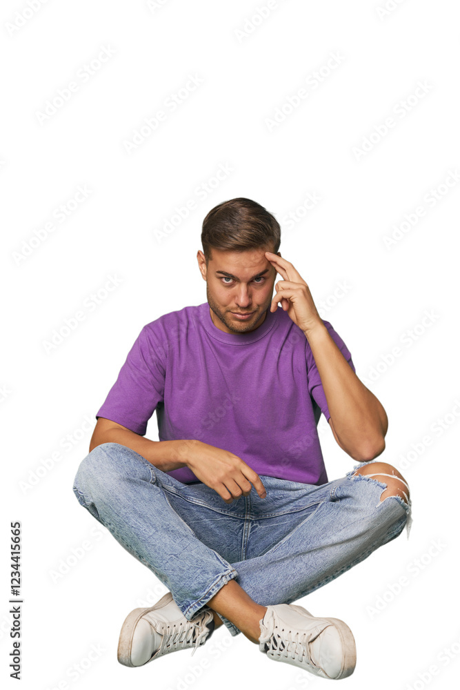 Casual man sitting on floor pointing temple with finger, thinking, focused on a task. Casual man sitting on floor pointing temple with finger, thinking, focused on a task.