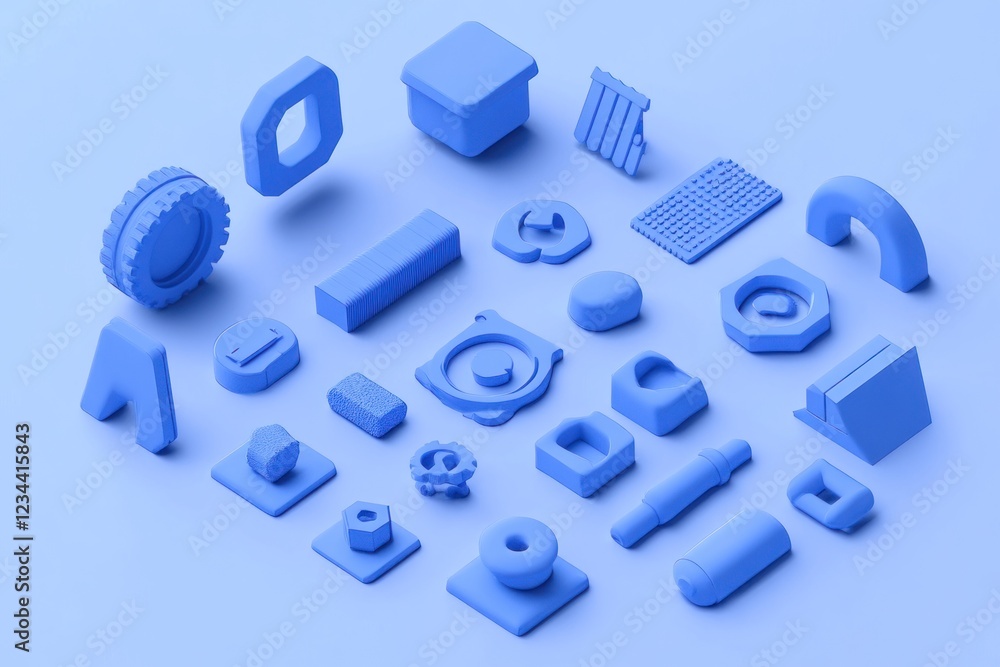 Isometric 3D render of various blue objects. Isometric 3D render of various blue objects.