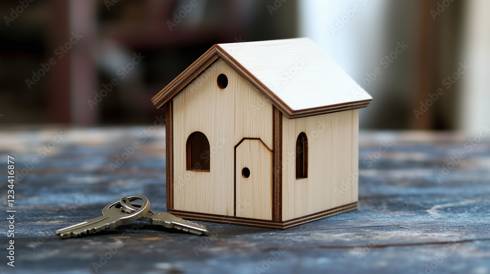 A miniature wooden house sits on a table keys resting against it A miniature wooden house sits on a table keys resting against it