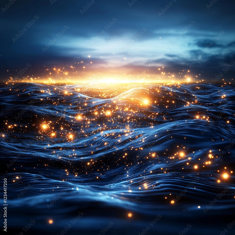 Obraz premium Glowing Ocean Waves Under the Night Sky Beachfront Scenic Image Serene Atmosphere Low Angle Tranquil Nature Beauty