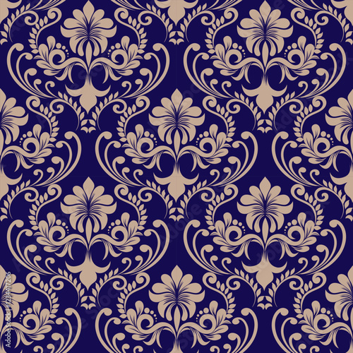 Elegant Damask Pattern with Ornate Floral Motifs and Decorative Borders. seamless design features a sophisticated blend of vintage-inspired elements and modern aesthetics	