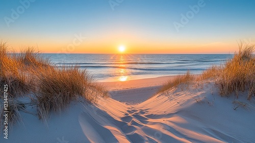A serene beach scene at sunset.