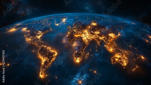 A satellite image of Earth at night showing city lights.