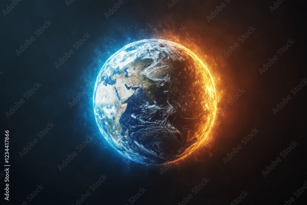 Depiction of Earth split into contrasting elements showcasing fire and ice in a cosmic backdrop Depiction of Earth split into contrasting elements showcasing fire and ice in a cosmic backdrop