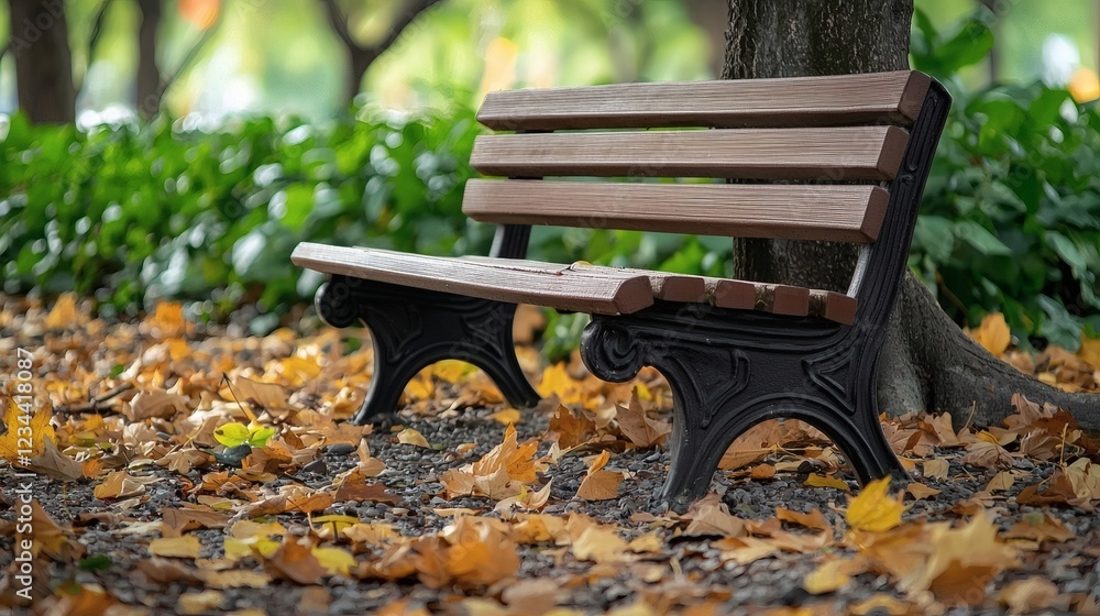 Autumnal Park Bench: Serene Wooden Seat Amidst Golden Leaves Autumnal Park Bench: Serene Wooden Seat Amidst Golden Leaves