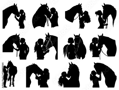 GIRLS KISSING HORSE SILHOUETTE ON WHITE BACKGROUND