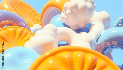 A 3D abstract composition featuring glossy shapes in vibrant yellow, white, and blue tones. Reminiscent of citrus slices, clouds, and waves, it evokes a sense of freshness, lightness, and joy. Modern