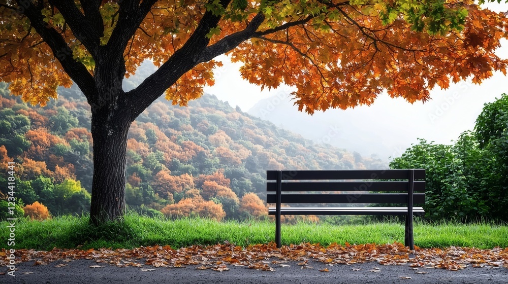 Autumnal Park Bench: Serene Fall Landscape with Golden Leaves Autumnal Park Bench: Serene Fall Landscape with Golden Leaves