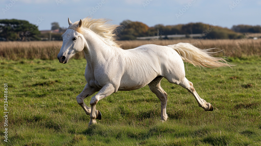 A white horse runs in a field A white horse runs in a field