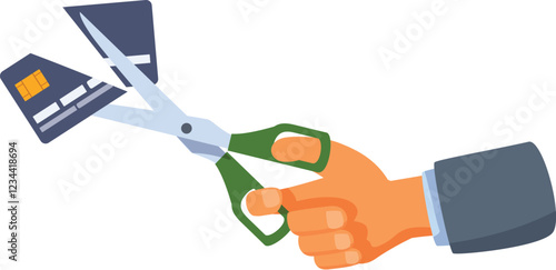 Hand holding scissors cutting credit card in half, symbolizing financial crisis, debt problems, and refusal to use credit