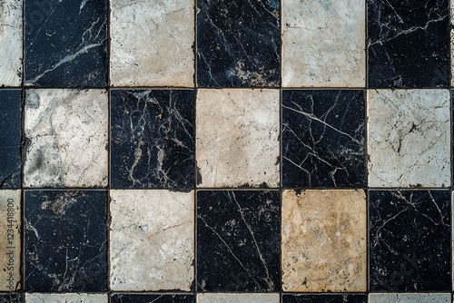 Vintage checkered black and white marble floor tiles