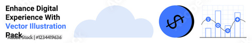 Cloud icon, dollar sign in blue circle, bar and line graphs highlight technology, finance, analytics. Ideal for fintech, SaaS, data trends, cloud services tech marketing finance tools flat landing