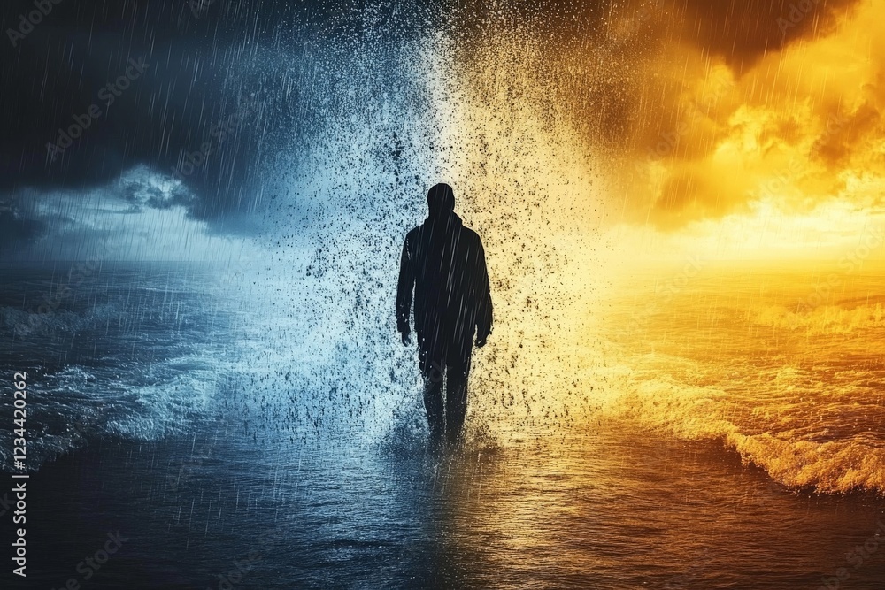 Stormy waters divide light and dark as a figure walks along the shore at twilight Stormy waters divide light and dark as a figure walks along the shore at twilight