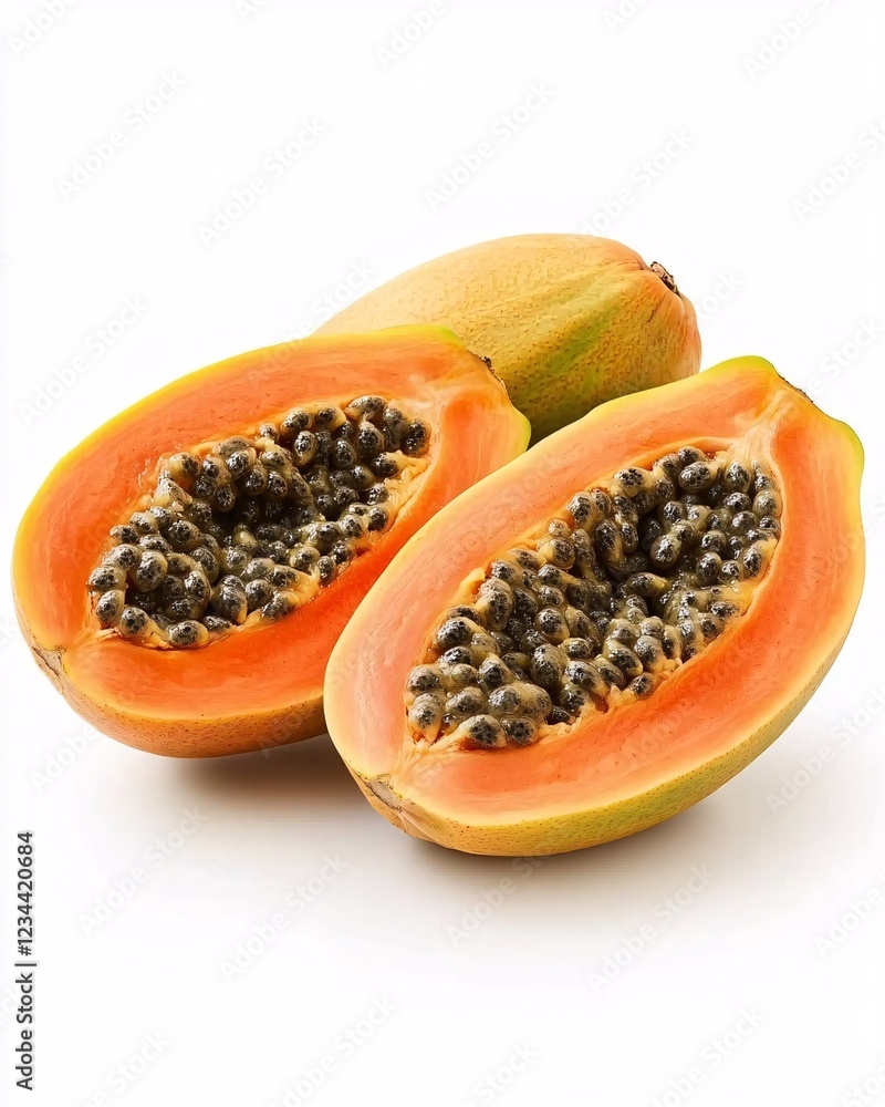 Halved Papayas with Glossy Black Seeds, Displaying Lush Orange Flesh on White Background Halved Papayas with Glossy Black Seeds, Displaying Lush Orange Flesh on White Background