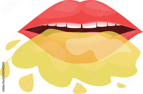 Red lips are open with tongue sticking out, drooling yellow liquid, suggesting sickness, pleasure, or bizarre food experience